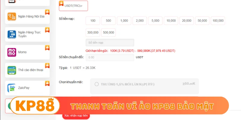 Thanh toán ví ảo KP88 bảo mật